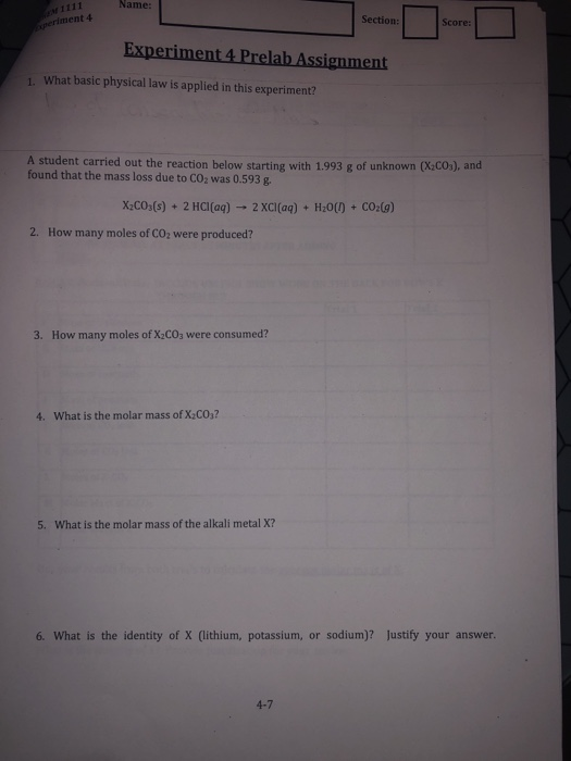 Solved Name: Section: Score: periment 4 Experiment 4 Prelab | Chegg.com