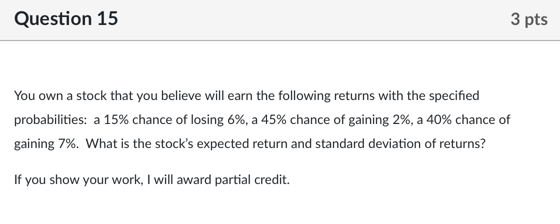 Solved Question 15 3 pts You own a stock that you believe | Chegg.com