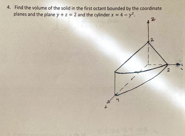 4. Find the volume of the solid in the first octant bounded by the coordinate planes and the plane \( y+z=2 \) and the cylind