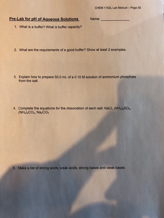 Solved CHEM 1152L Lab Manual- Page 50 Pre-Lab For PH Of | Chegg.com