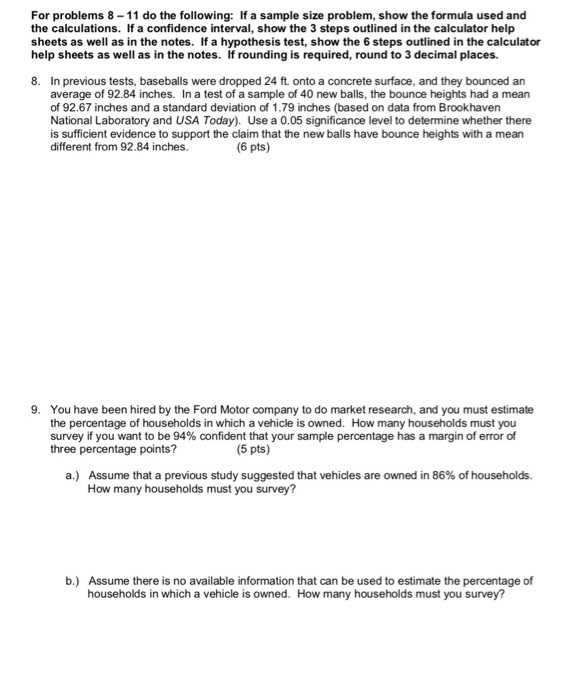 Solved For problems 8-11 do the following: If a sample size | Chegg.com