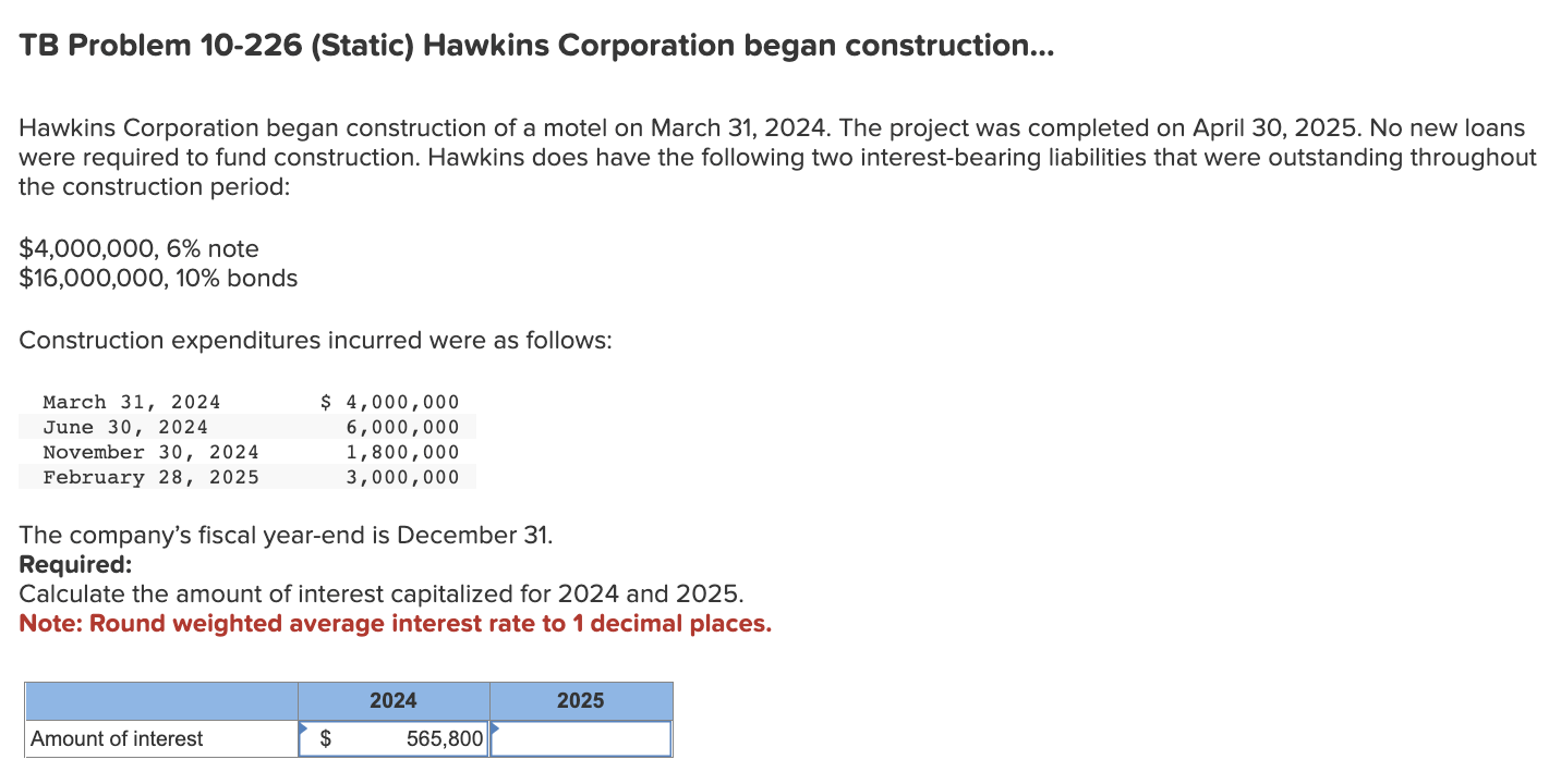 Solved Hawkins Corporation began construction of a motel on