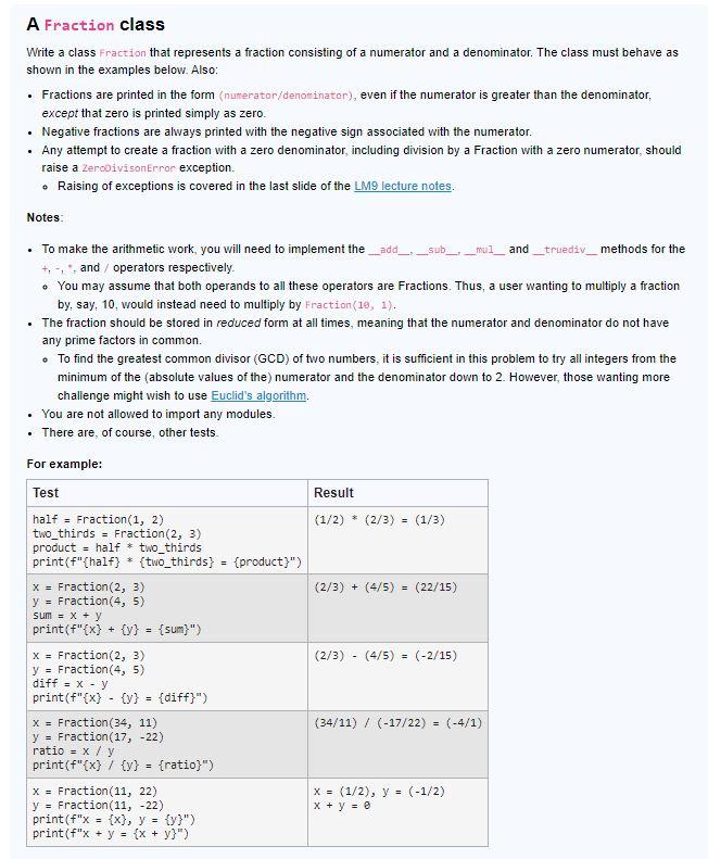 Solved A Fraction class Write a class fraction that | Chegg.com