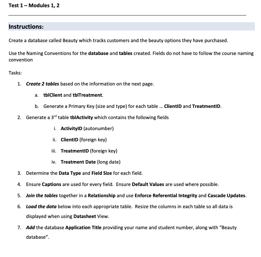 Solved Test 1 - Modules 1, 2 Instructions: Create a database | Chegg.com