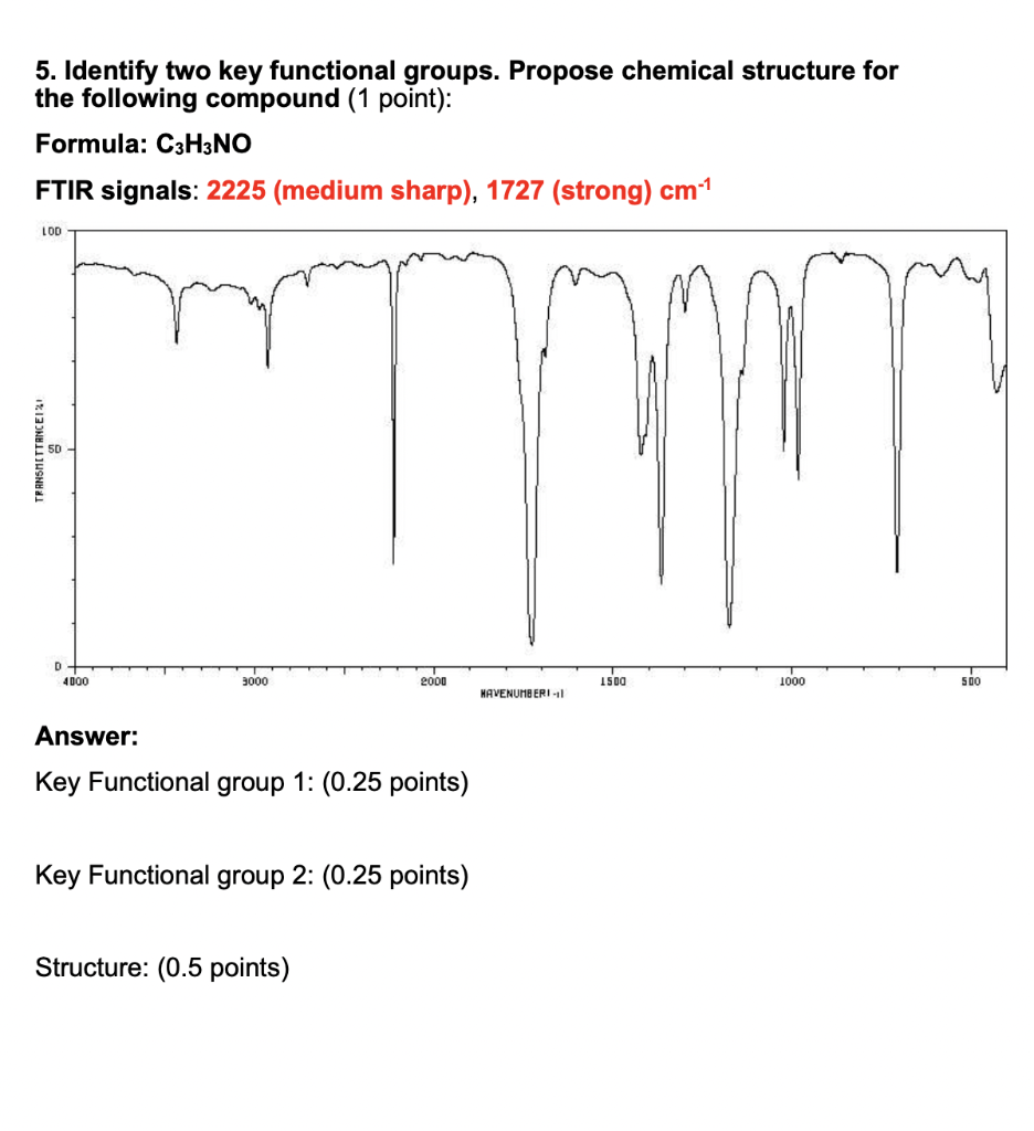 5. Identify two key functional groups. Propose chemical structure for
the following compound (1 point):
Formula: C3H3NO
FTIR 