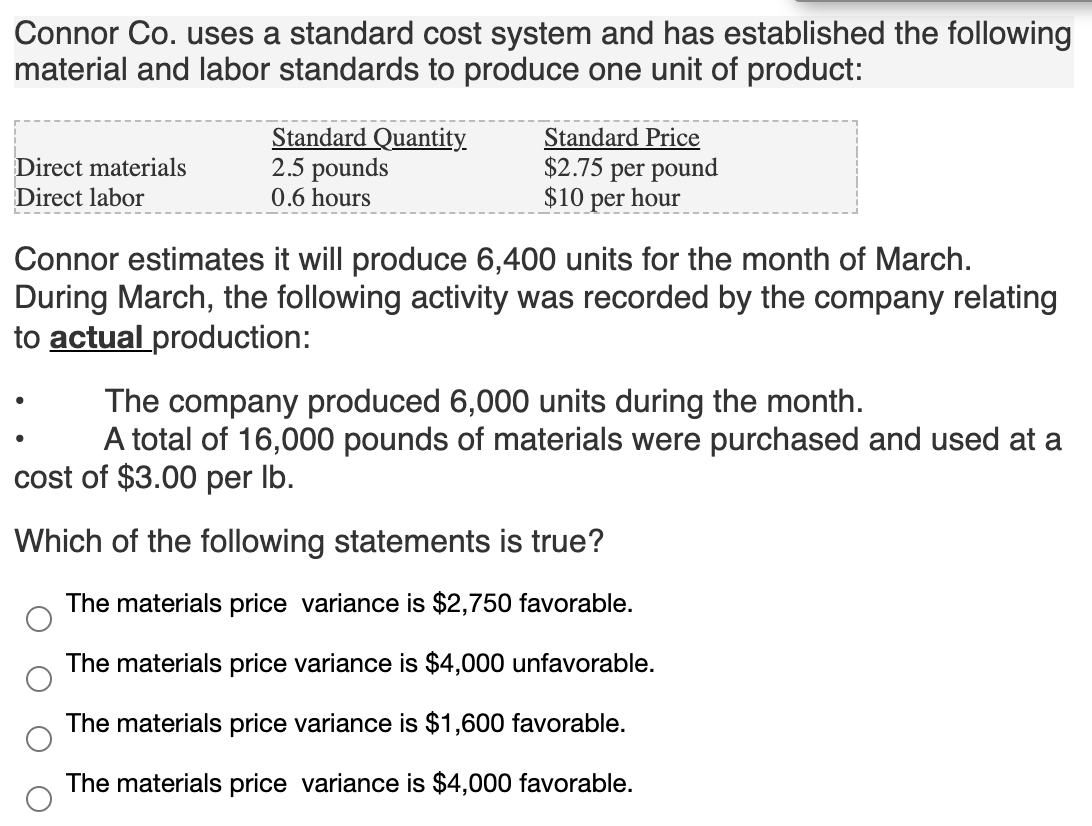 Solved Connor Co. uses a standard cost system and has