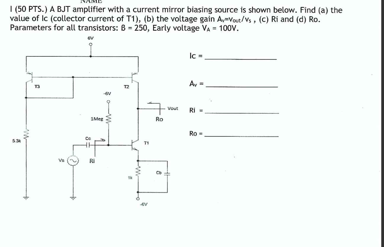 Solved A BJT Amplifier With A Current Mirror Biasing Source | Chegg.com