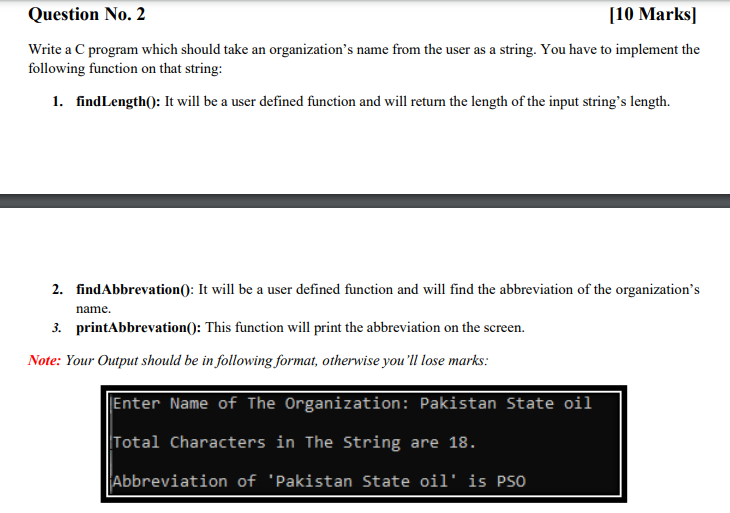 Solved Question No. 2 [10 Marks) Write a C program which | Chegg.com