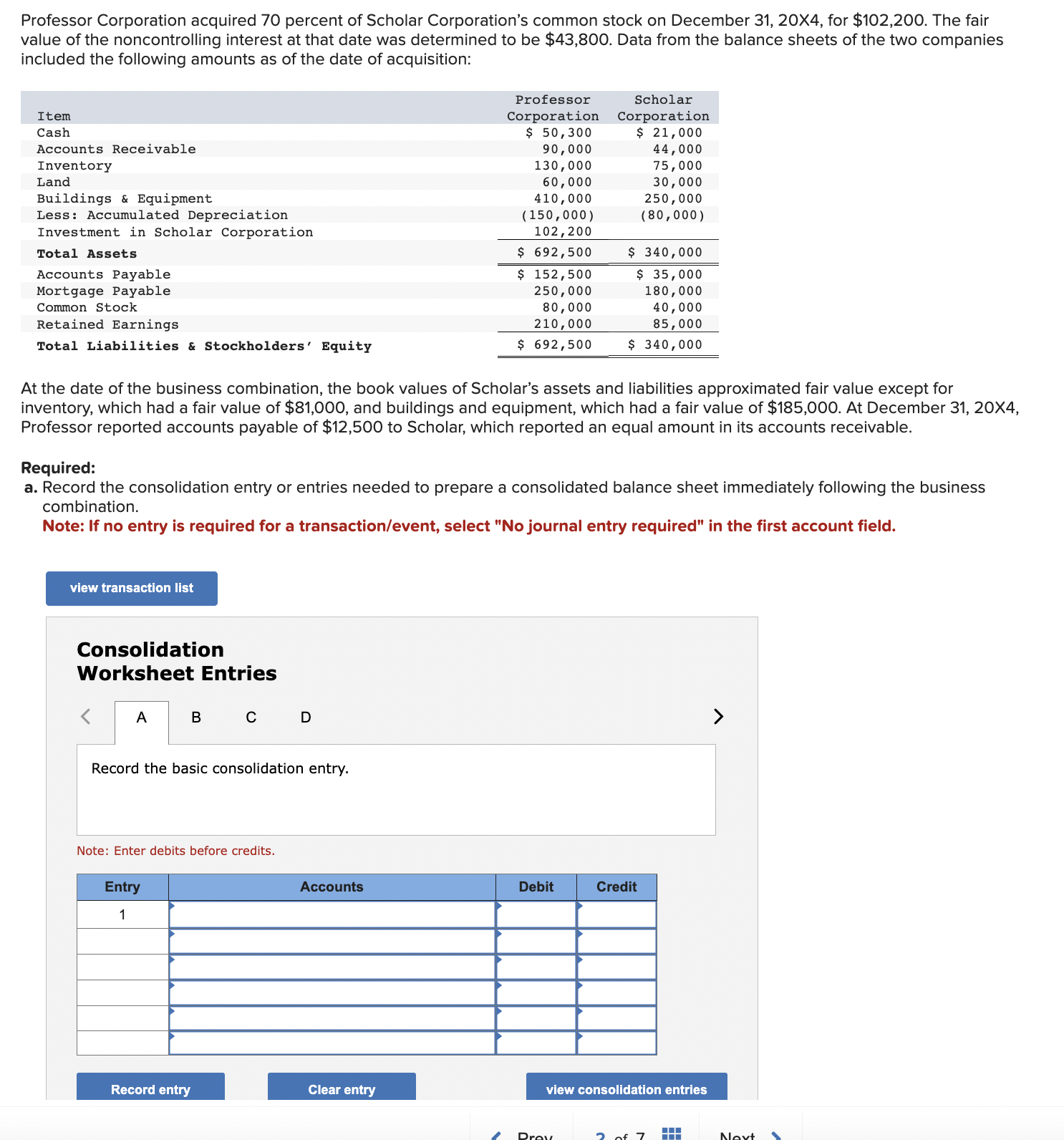 Solved b. Prepare a consolidated balance sheet worksheet. | Chegg.com