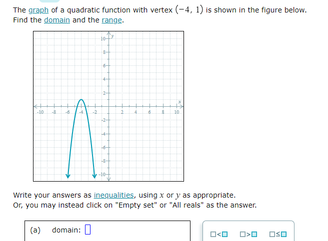 The graph of a quadratic function with vertex \( (-4,1) \) is shown in the figure below. Find the domain and the range.
Write