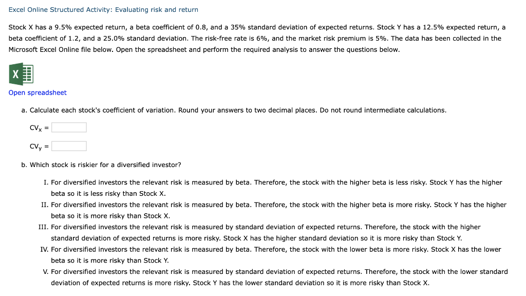 Solved Excel Online Structured Activity: Evaluating risk and | Chegg.com