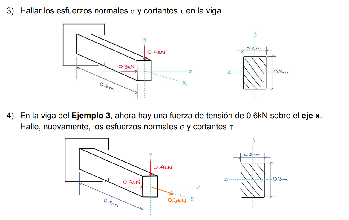 3) Hallar los esfuerzos normales \( \sigma \) y cortantes \( \tau \) en la viga 4) En la viga del Ejemplo 3, ahora hay una fu