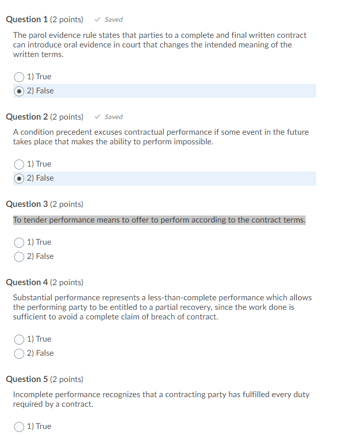 Solved Question 1 (2 points) Saved The parol evidence rule | Chegg.com
