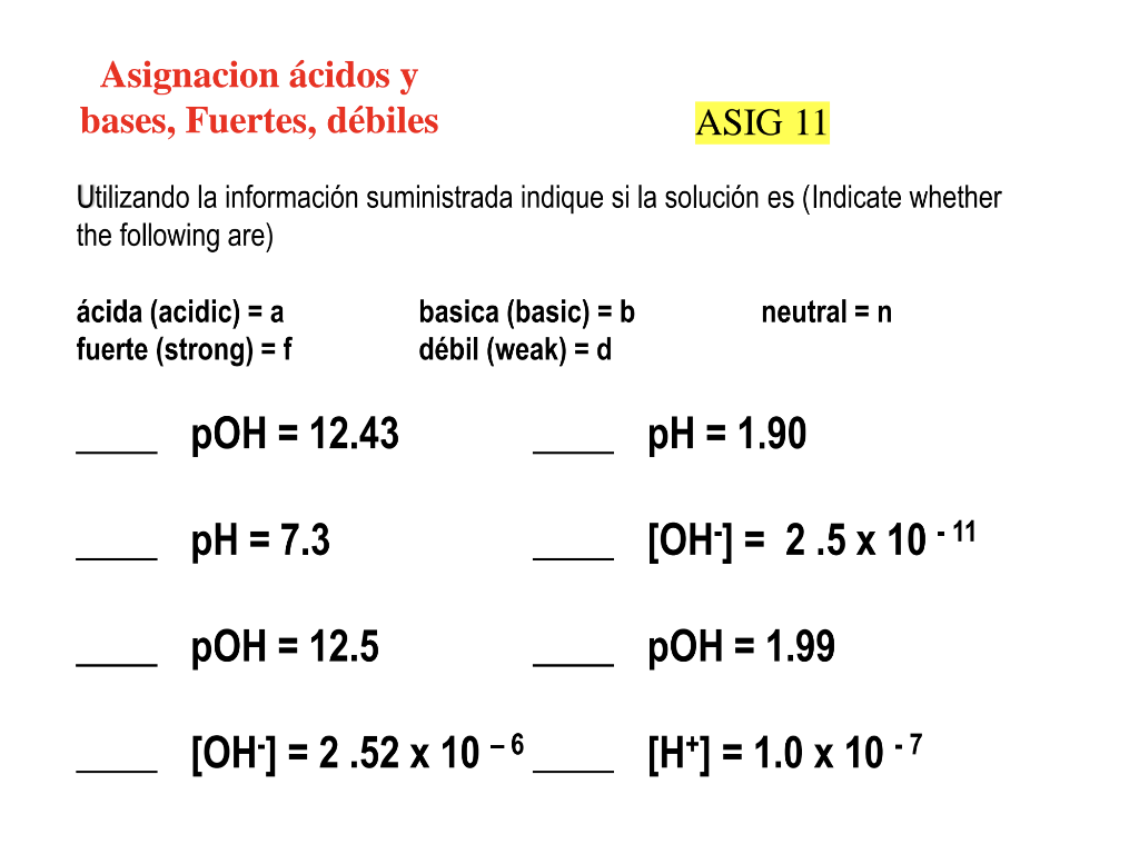 bases, Fuertes, débiles ASIG 11 Utilizando la información suministrada indique si la solución es (Indicate whether the follow