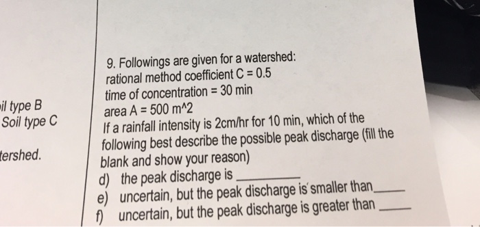Solved 9. Followings are given for a watershed: rational | Chegg.com
