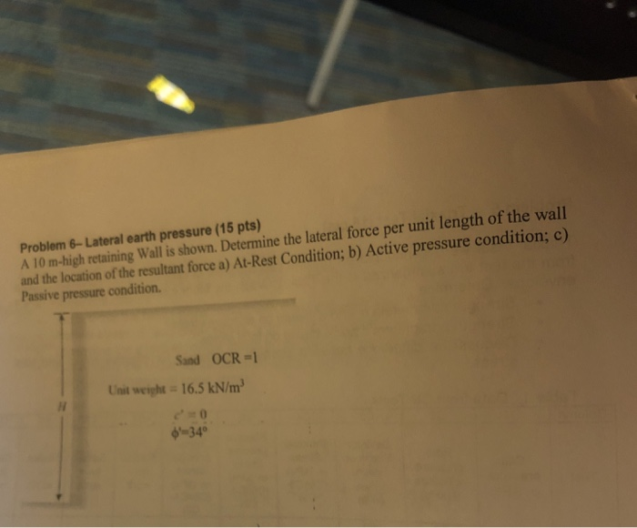 Solved Problem 6-Lateral earth pressure (15 pts) A 10 m-high | Chegg.com