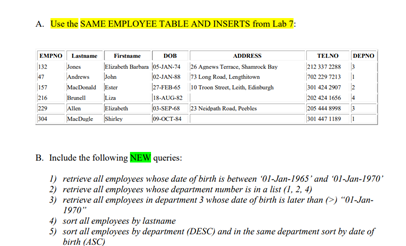 Solved A. Use the SAME EMPLOYEE TABLE AND INSERTS from Lab | Chegg.com