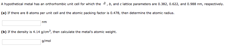 Solved A hypothetical metal has an orthorhombic unit cell | Chegg.com