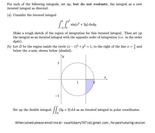 Solved For each of the following integrals, set up, but do | Chegg.com