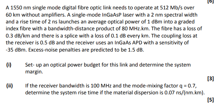 Solved A 1550 nm single mode digital fibre optic link needs | Chegg.com