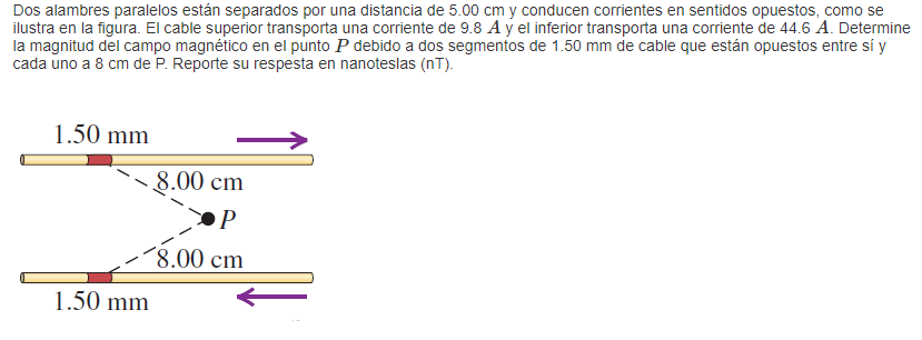 Dos alambres paralelos están separados por una distancia de \( 5.00 \mathrm{~cm} \) y conducen corrientes en sentidos opuesto