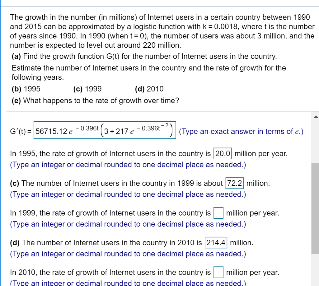 Solved The growth in the number (in millions) of Internet | Chegg.com