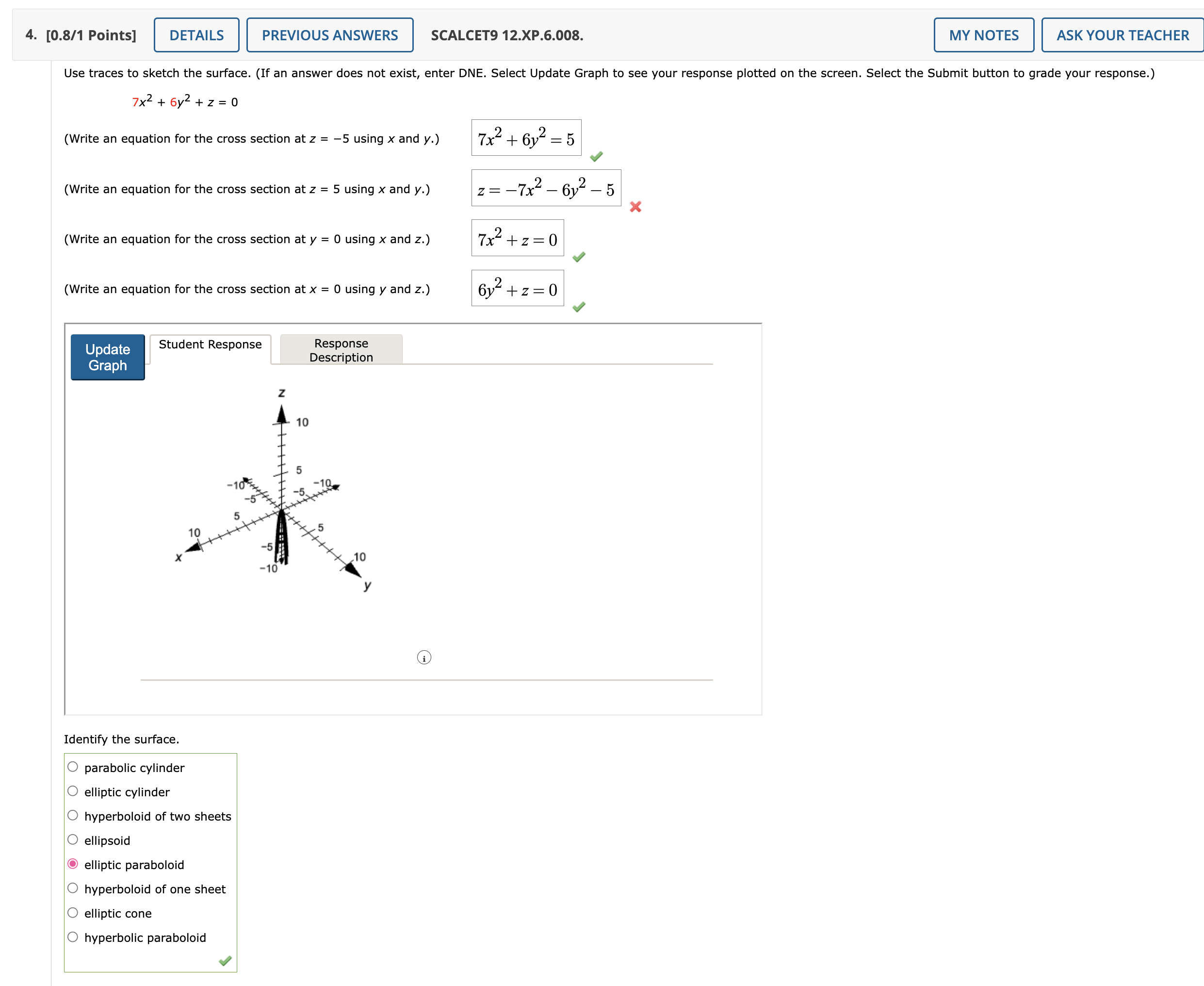 Solved [0.8/1 Points] SCALCET9 12.XP.6.008. 7x2+6y2+z=0 | Chegg.com