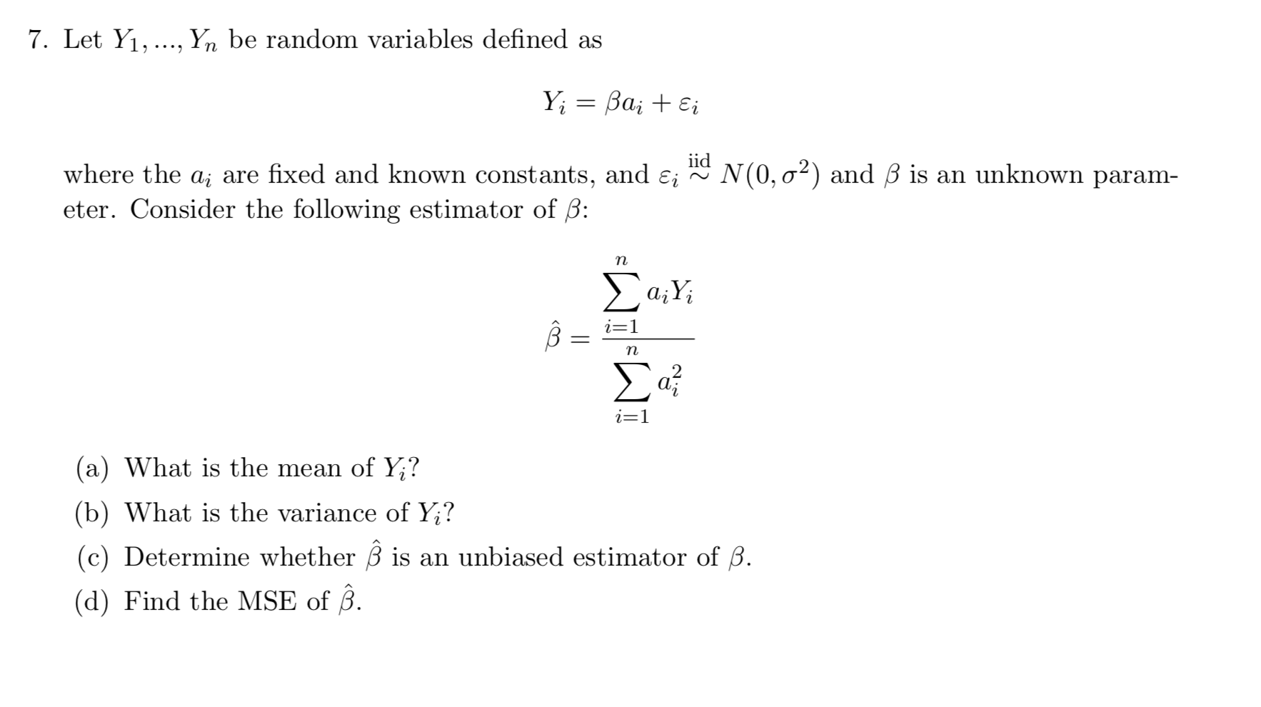 Solved 7 Let Y1 Yn Be Random Variables Defined As Chegg Com