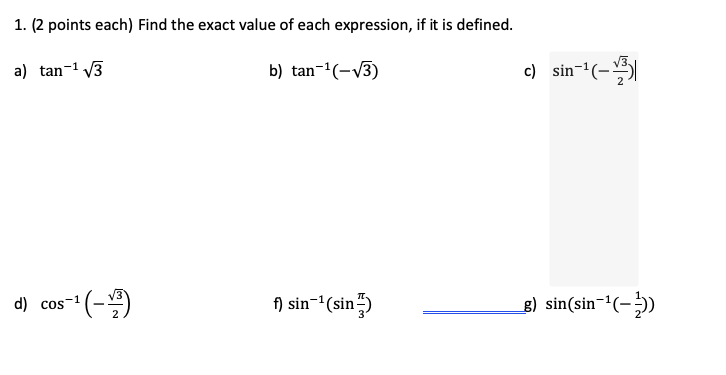 Solved 1 2 Points Each Find The Exact Value Of Each Ex Chegg Com