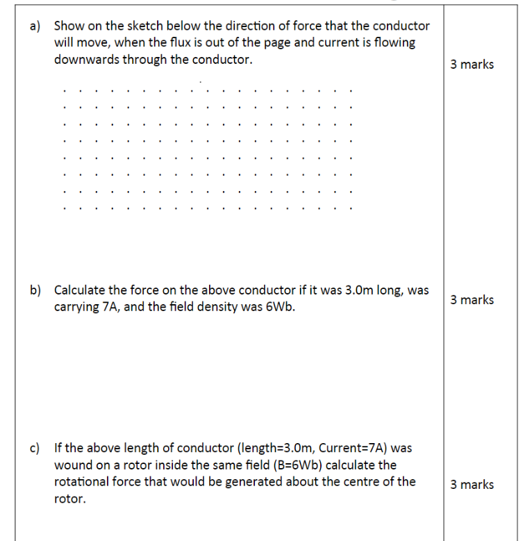 a) Show on the sketch below the direction of force that the conductor
will move, when the flux is out of the page and current