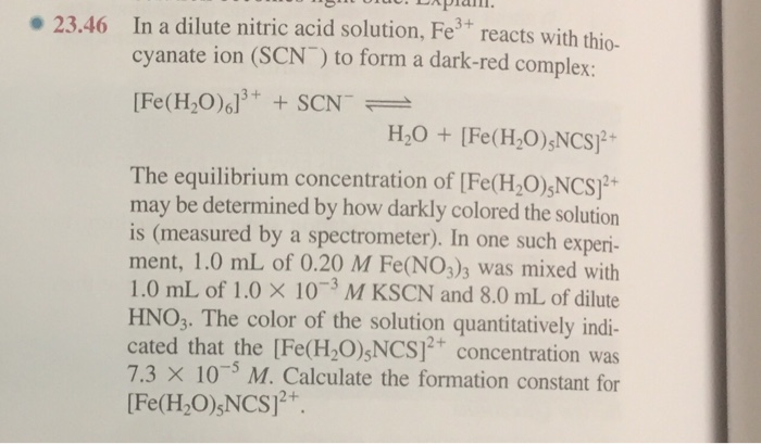 Solved In a dilute nitric acid solution, Fe^3+ reacts with | Chegg.com