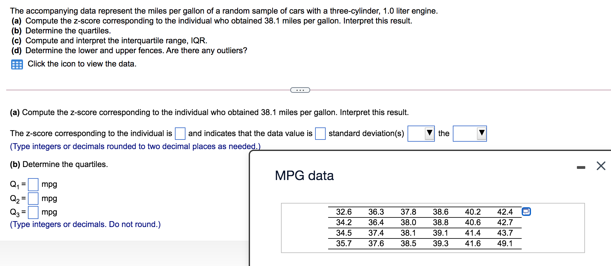 Solved The data represent the miles per gallon