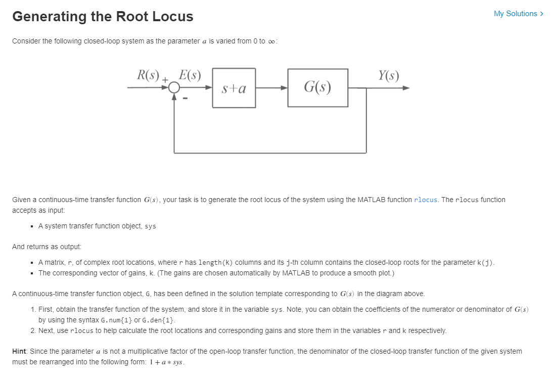 Generating The Root Locus My Solutions Consider The Chegg Com