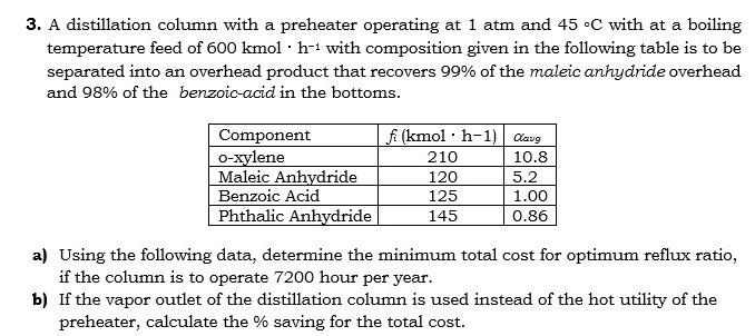 Solved 3. A distillation column with a preheater operating | Chegg.com