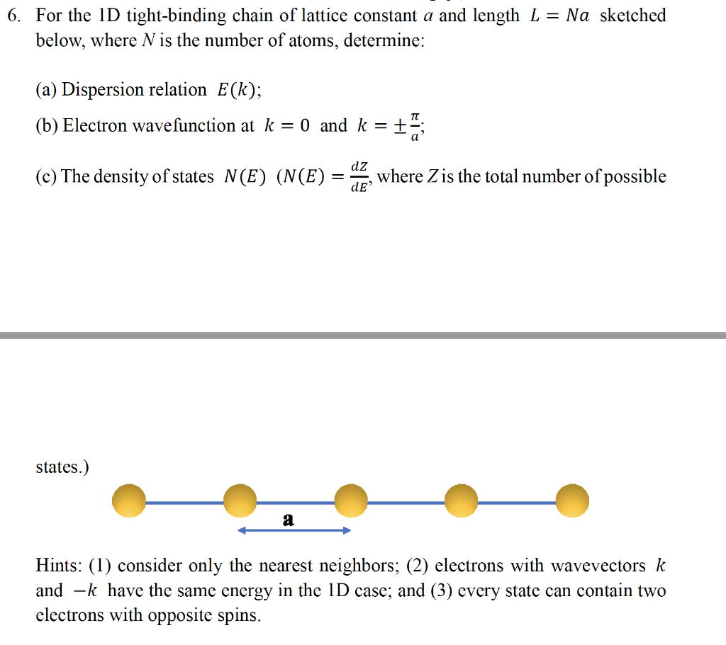 Solved 6. For the 1D tight-binding chain of lattice constant | Chegg.com