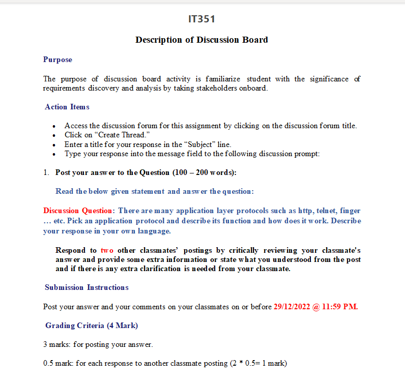 IT351 Description of Discussion Board Purpose The