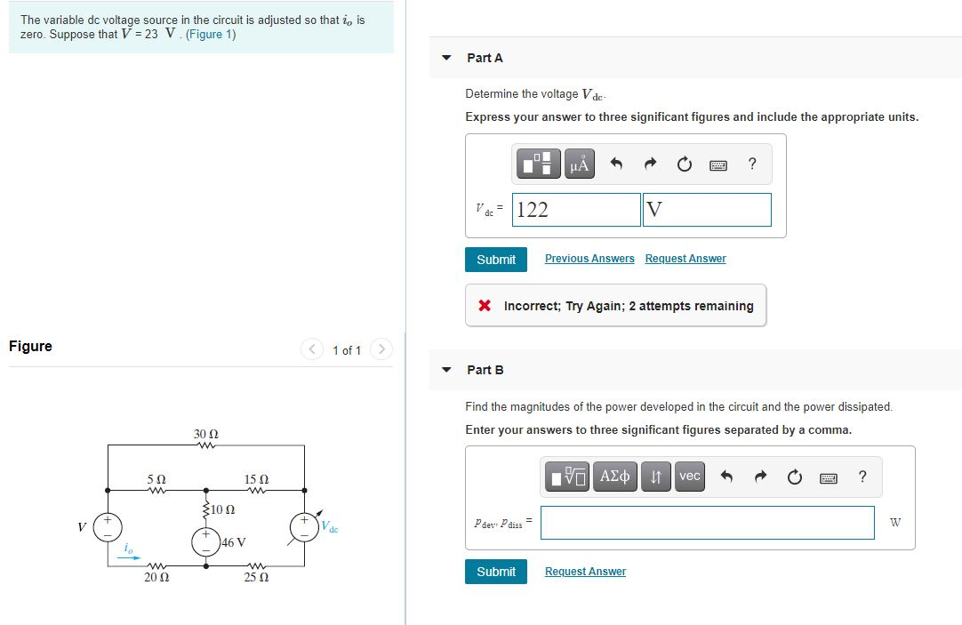 Solved The variable de voltage source in the circuit is | Chegg.com