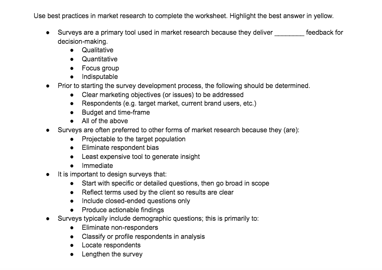 Solved Use best practices in market research to complete the | Chegg.com