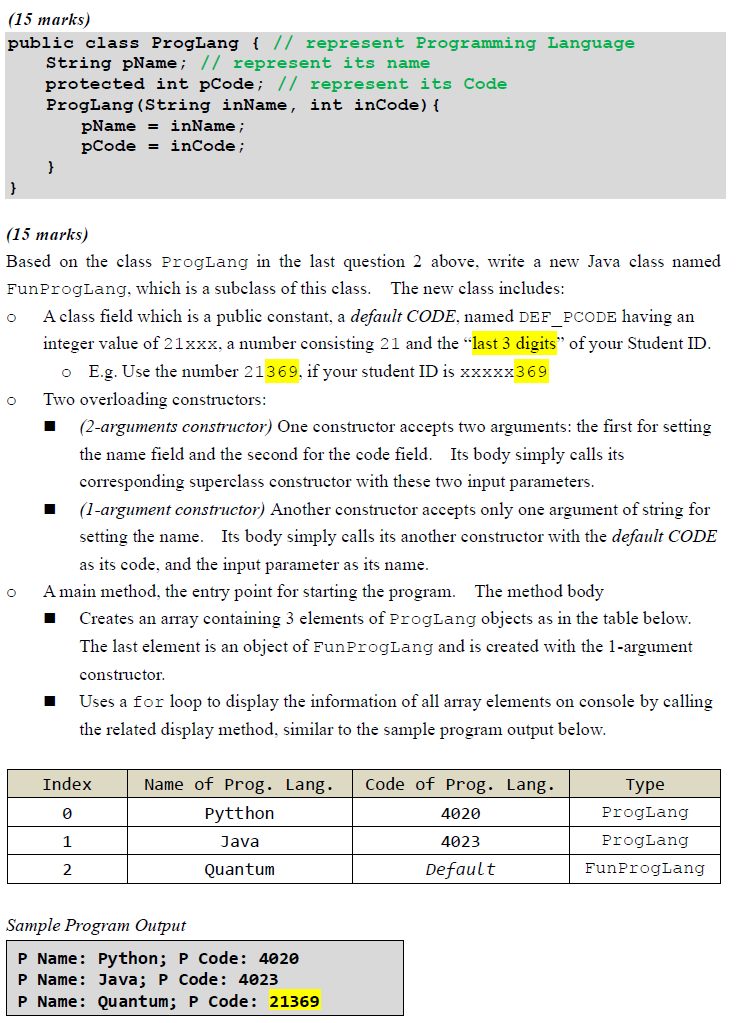 Solved Based on the class ProgLang in the last question 2 | Chegg.com