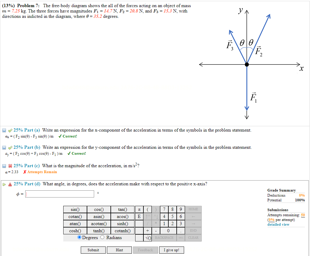 (13\%) Problem 7: The free-body diagram shows the all of the forces acting on an object of mass \( m=7.25 \mathrm{~kg} \). Th