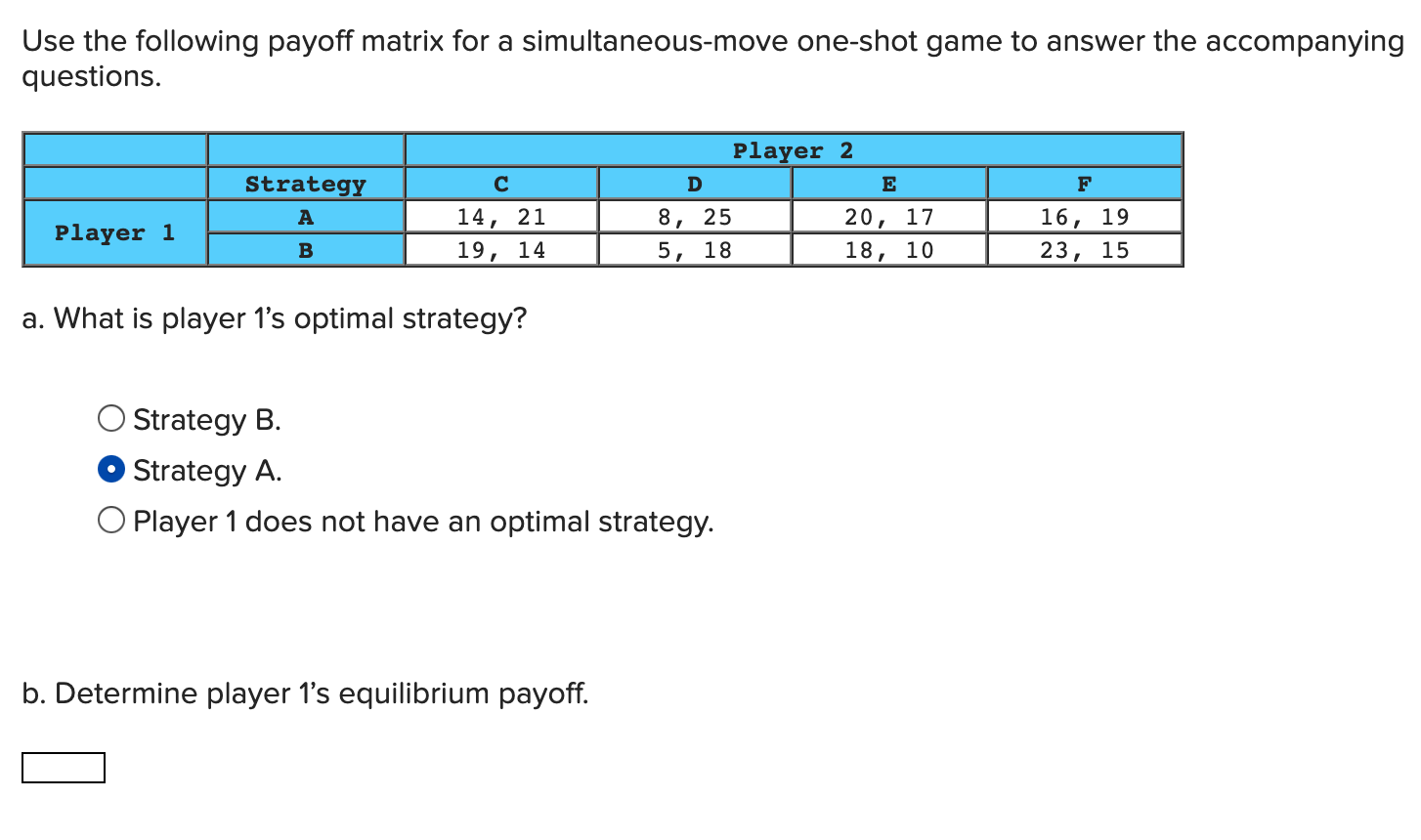 Solved Use The Following Payoff Matrix For A | Chegg.com