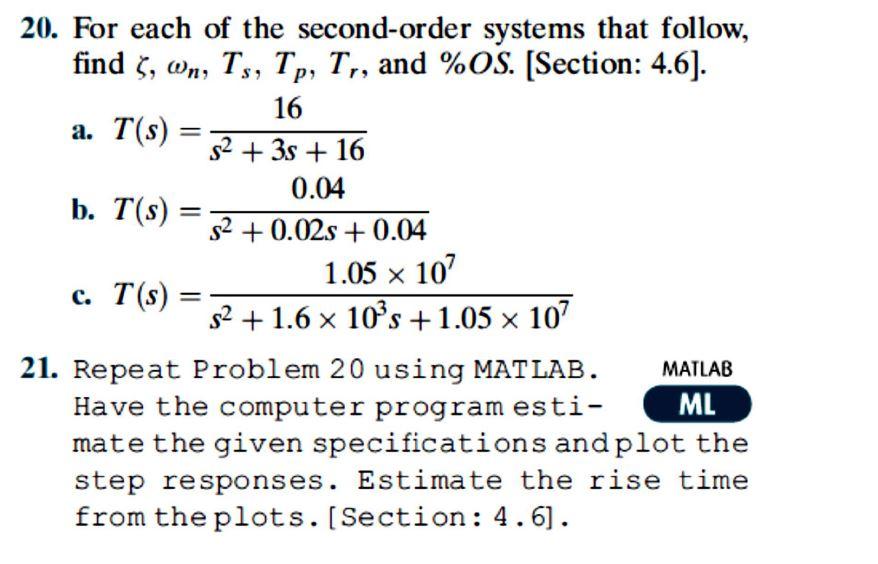Solved : 20. For each of the second-order systems that | Chegg.com