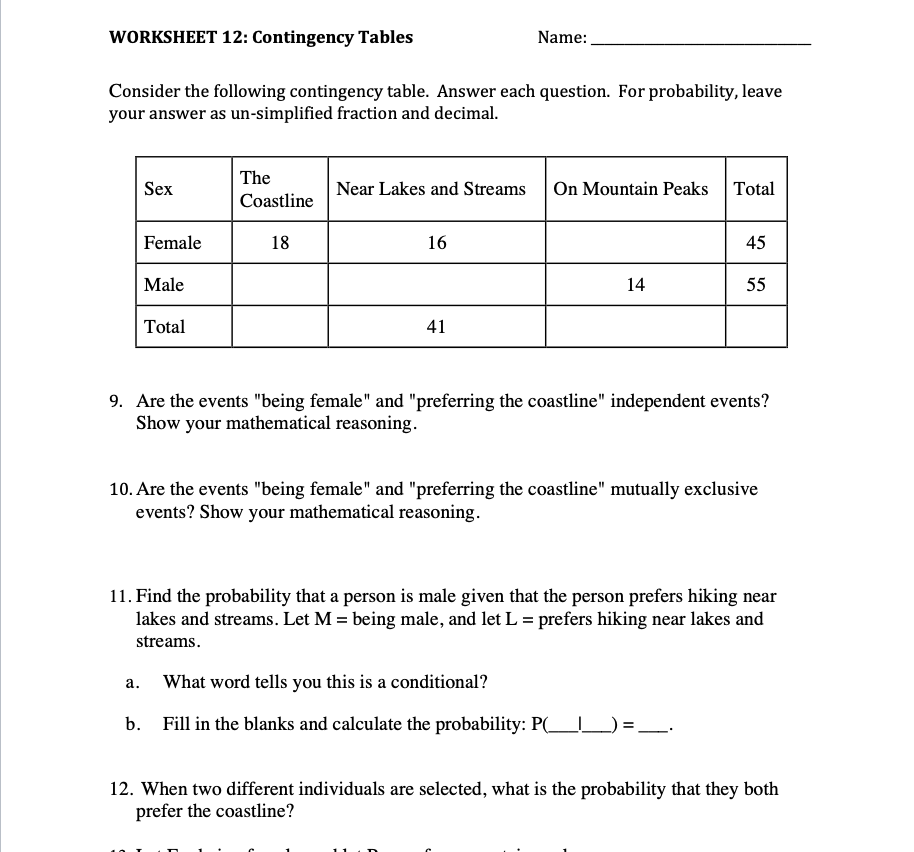 Solved Worksheet 12 Contingency Tables Name Consider The 7259