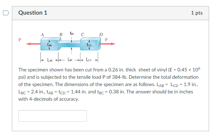 Solved The specimen shown has been cut from a 0.26 in. thick | Chegg.com