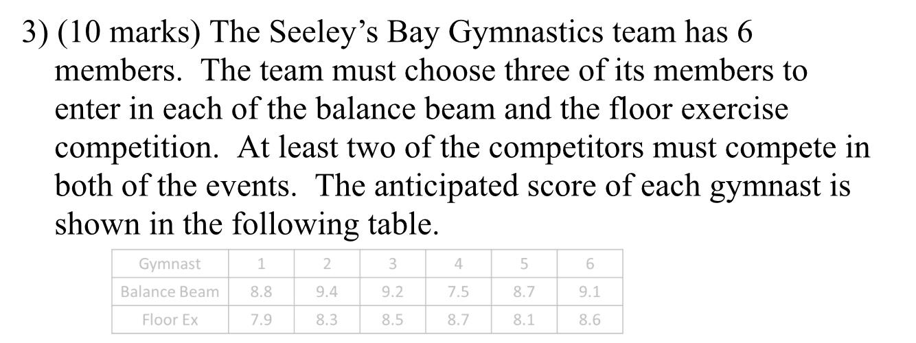 Solved 3) (10 marks) The Seeley's Bay Gymnastics team has 6