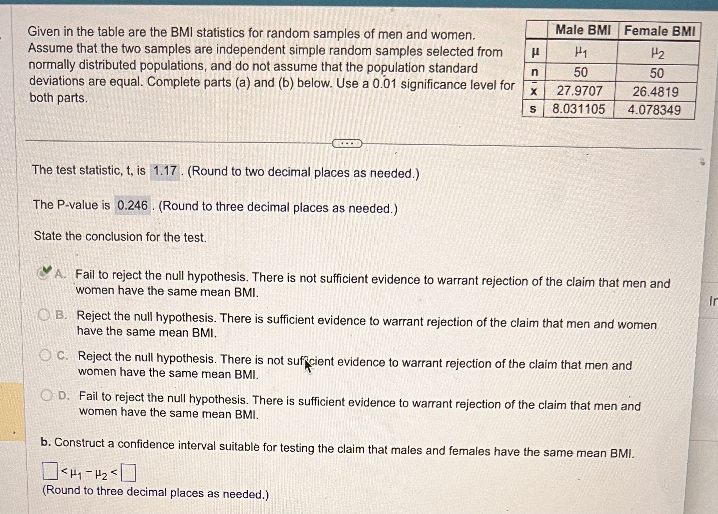Solved Given in the table are the BMI statistics for random 