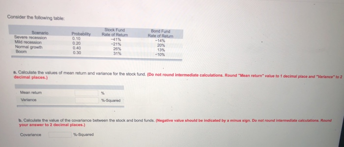 Solved Consider the following table: Severe recession Mid | Chegg.com
