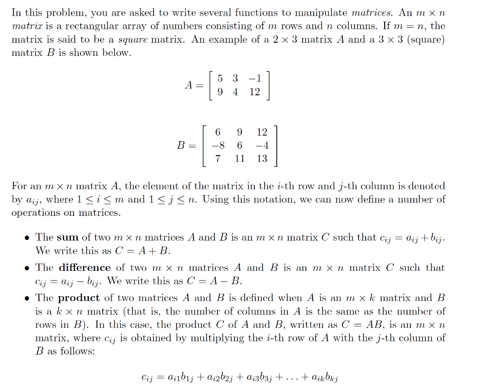 Solved Problem 2 [28 points ] Matrix Operations. This | Chegg.com