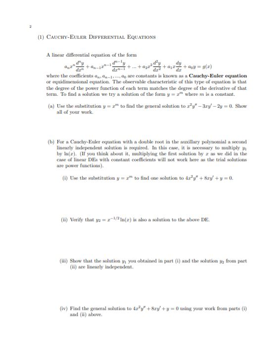 Solved 1 Cauchy Euler Differential Equations A Linear Chegg Solved 1 Cauchy Euler Differential Equations A Linear Chegg