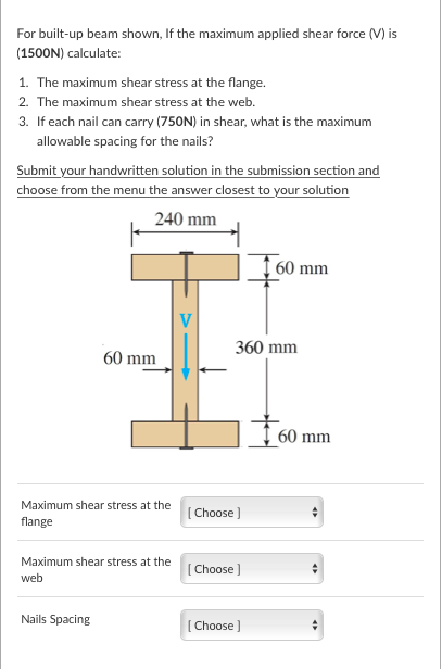 Solved For built-up beam shown, If the maximum applied shear